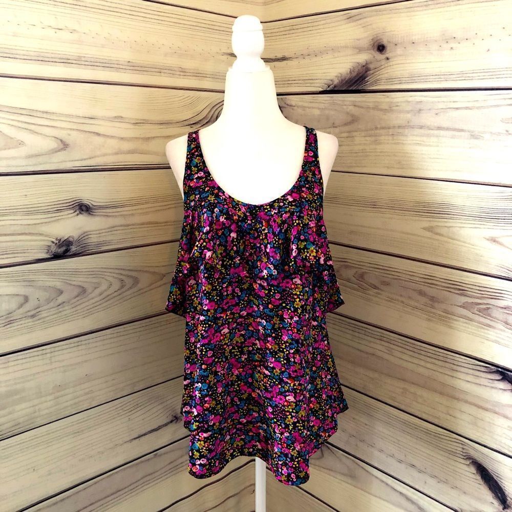 Rebecca Taylor Black & Pink Floral Ruffle Silk Tank Top Size 6